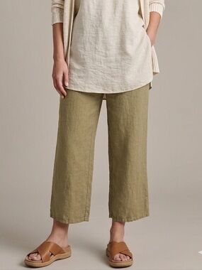 Flax Floods Wide Leg Pants Size L Olive Elastic Waist Coastal Chic Relaxed 26"